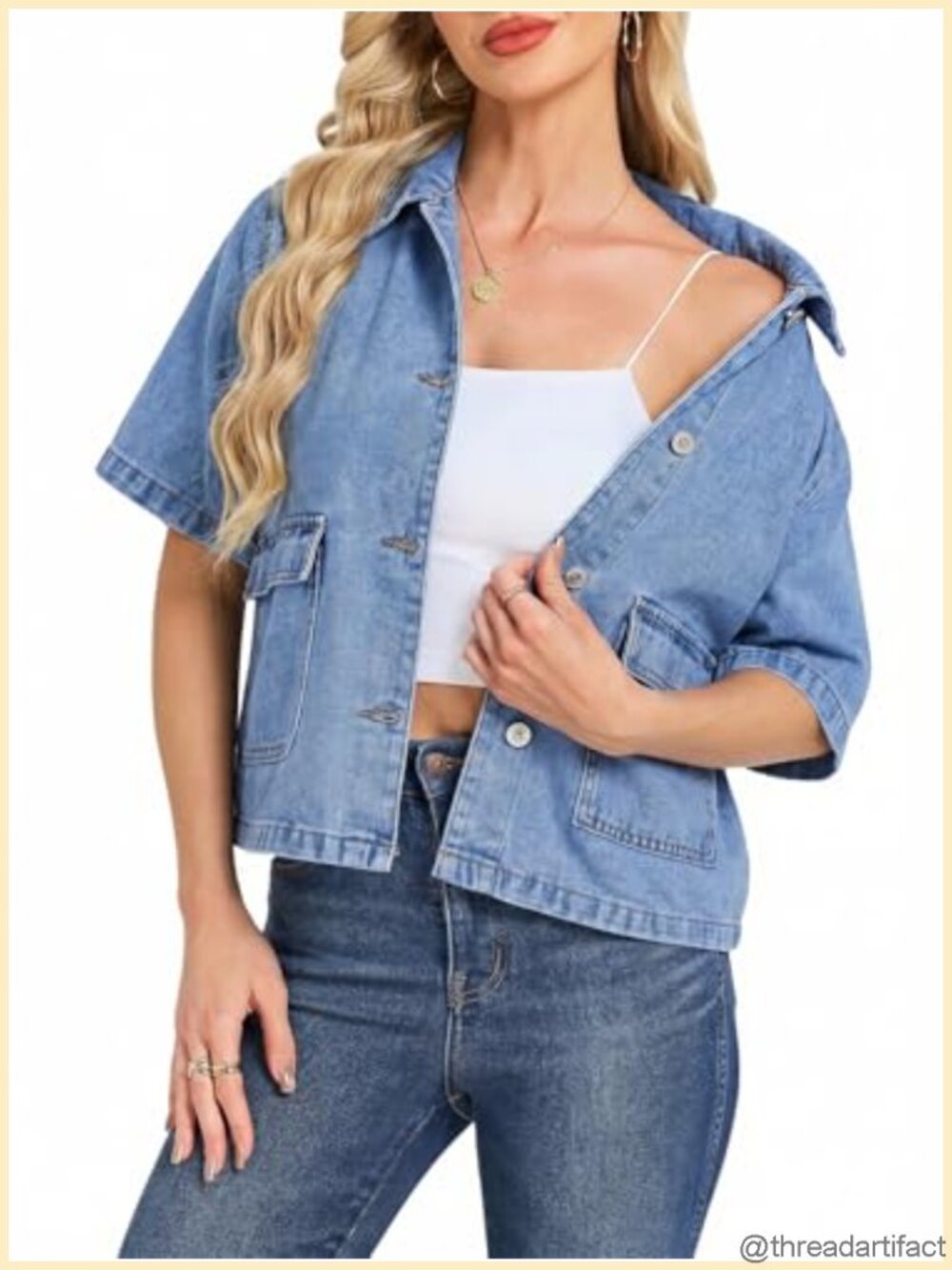 Crop Denim Jacket Short Sleeve Button Down Boxy Fit Jean Top Pockets